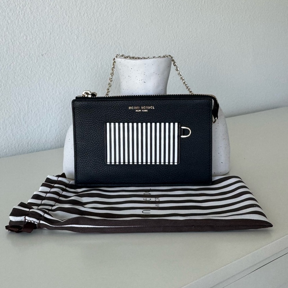Henri Bendel Black White Leather Stripe Accent Wristlet